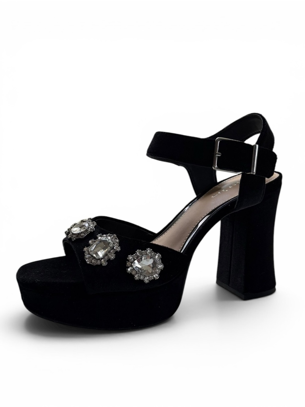 Copper Key Women Black Velvet Rhinestone Platform Block Heel Sandals Size 9 NWT - Picture 8 of 13